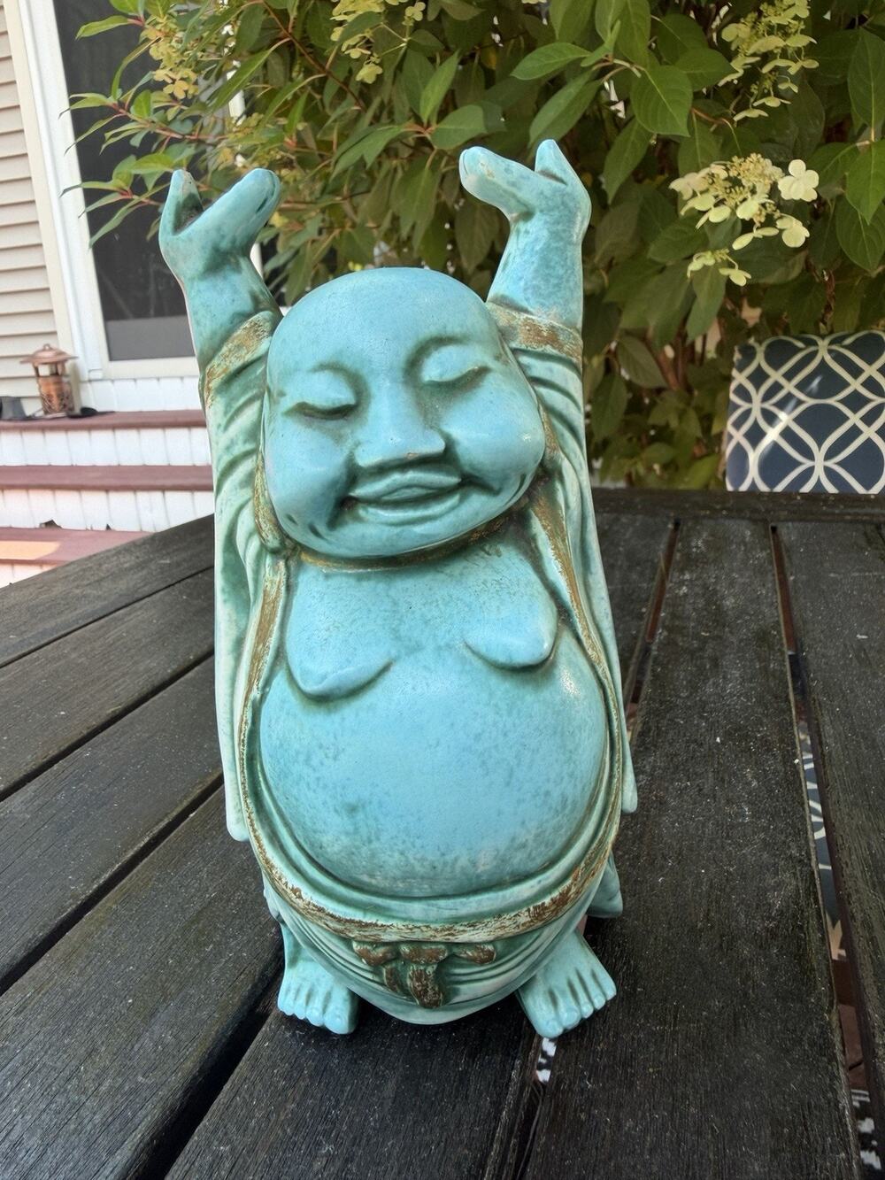 Vintage 1960’s Handmade BUDDHA Statue Ceramic Glazed Signed RL Blue Turquoise